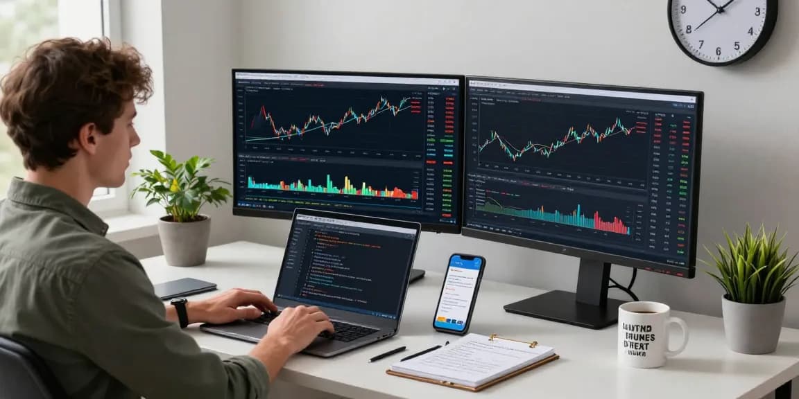 Dynamic workspace showcasing developer analyzing real-time forex data using the platinum live price API with multiple monitors, coding tools, and market indicators.