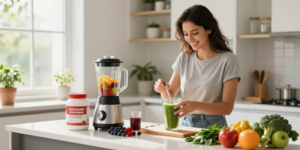 Creating a nutritious smoothie with antioxidant supplement Canada highlighted on the kitchen countertop