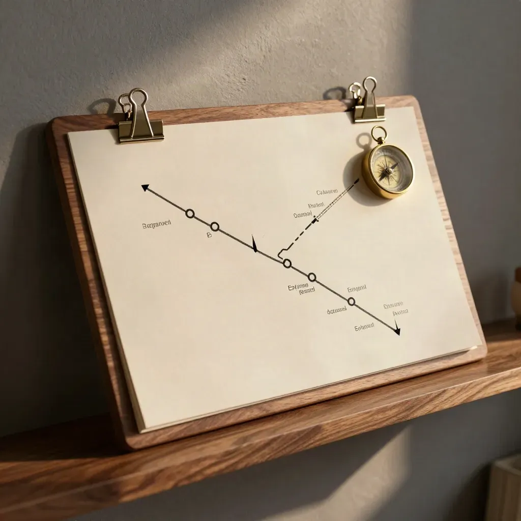 Diagonal goal-planning board with cards, thread, clips, and a small compass on a wall shelf.