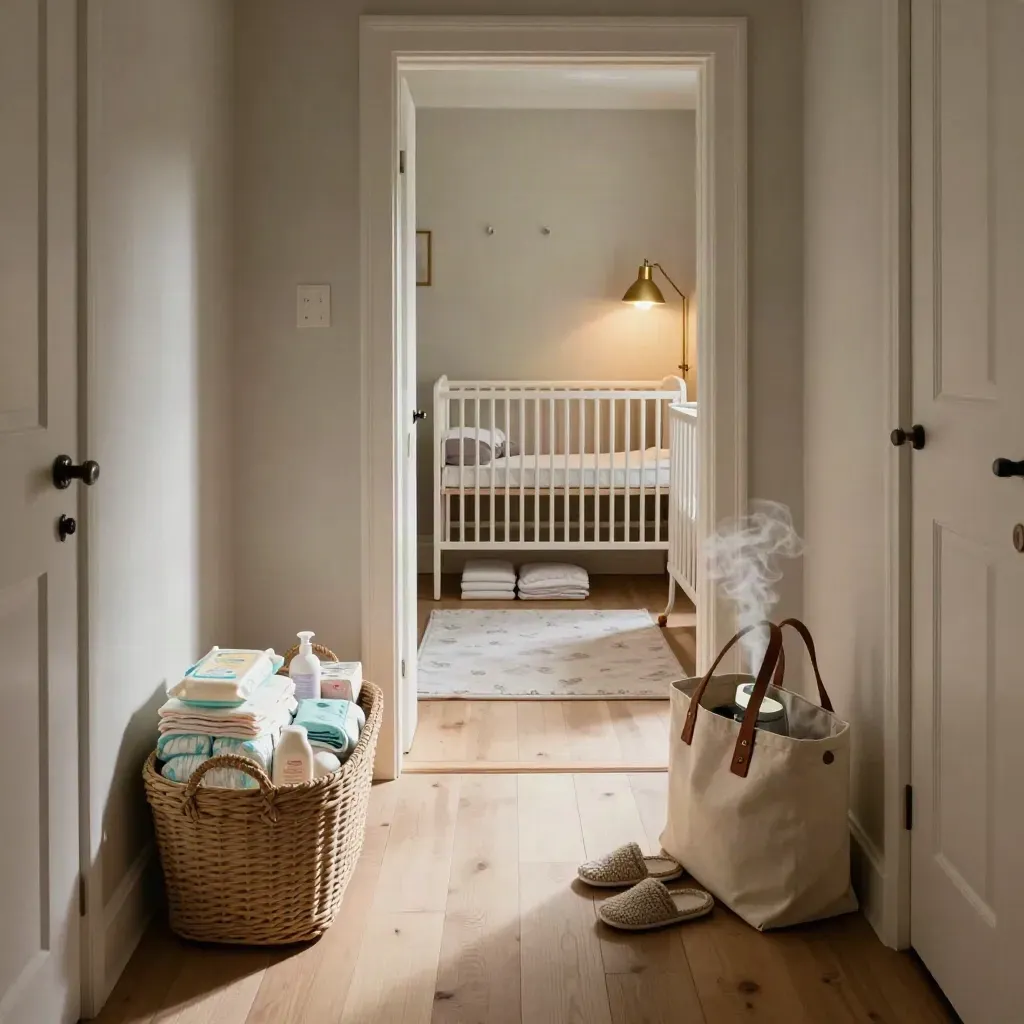 Hallway view into a nursery with diaper caddy, tote, bottle warmer, slippers and a glowing lamp