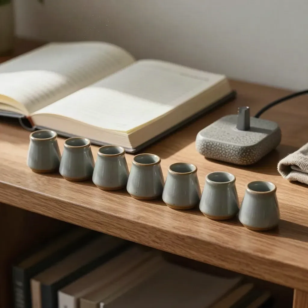 Ceramic routine tokens, closed planner, and charging dock on a shelf in soft morning light.