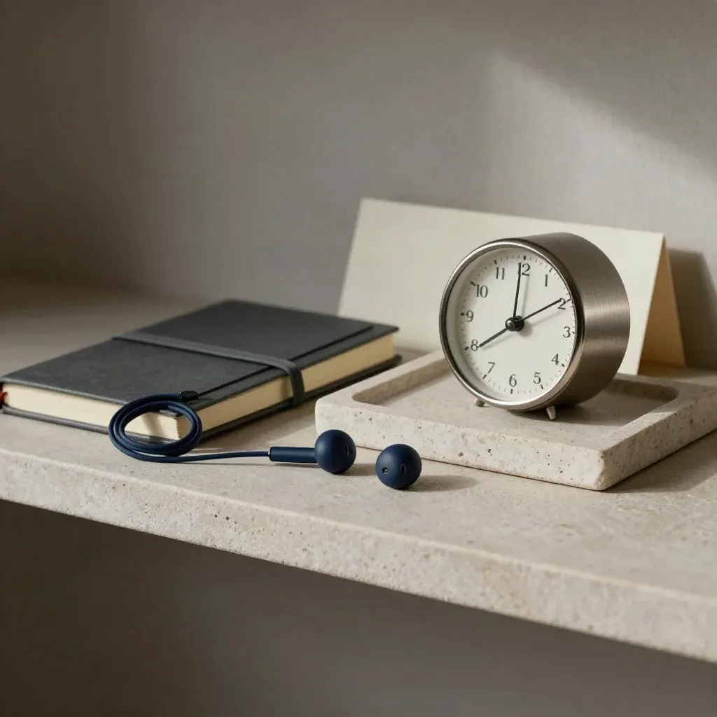 Earbuds, closed notebook, desk timer, and stone tray on a neutral shelf