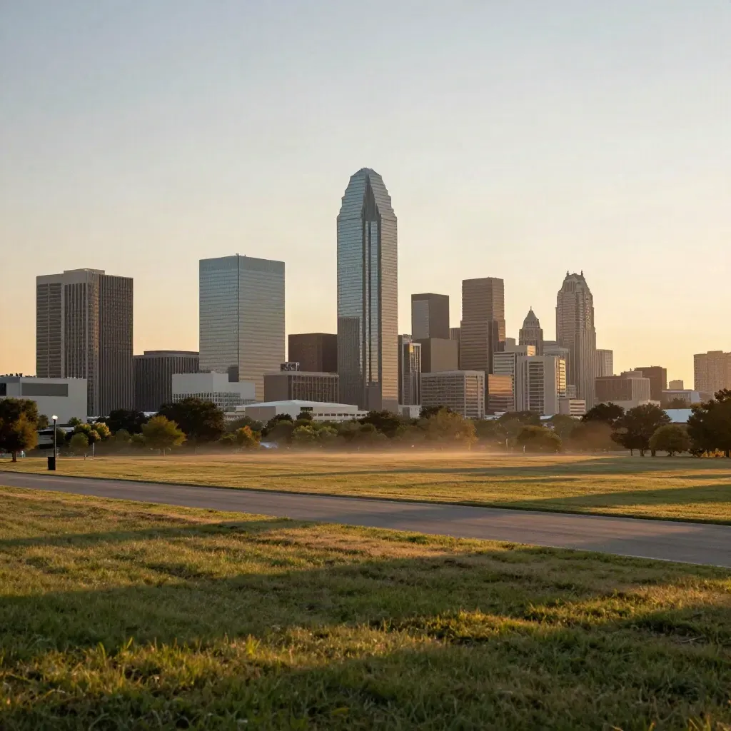 Dallas skyline at golden hour with Reunion Tower above calm prairie parkland