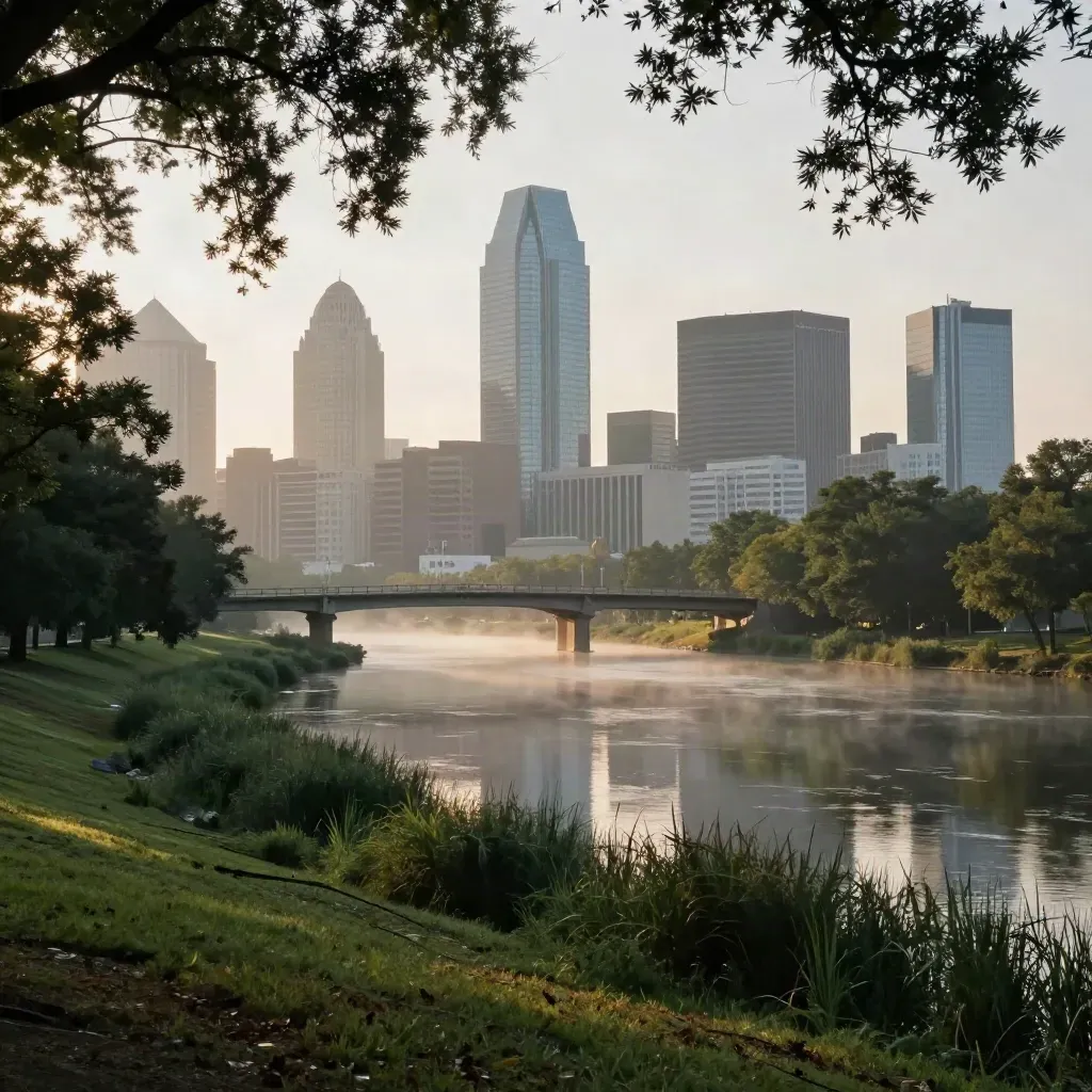 Houston skyline over Buffalo Bayou at sunrise with mist, bridges and calm reflective water