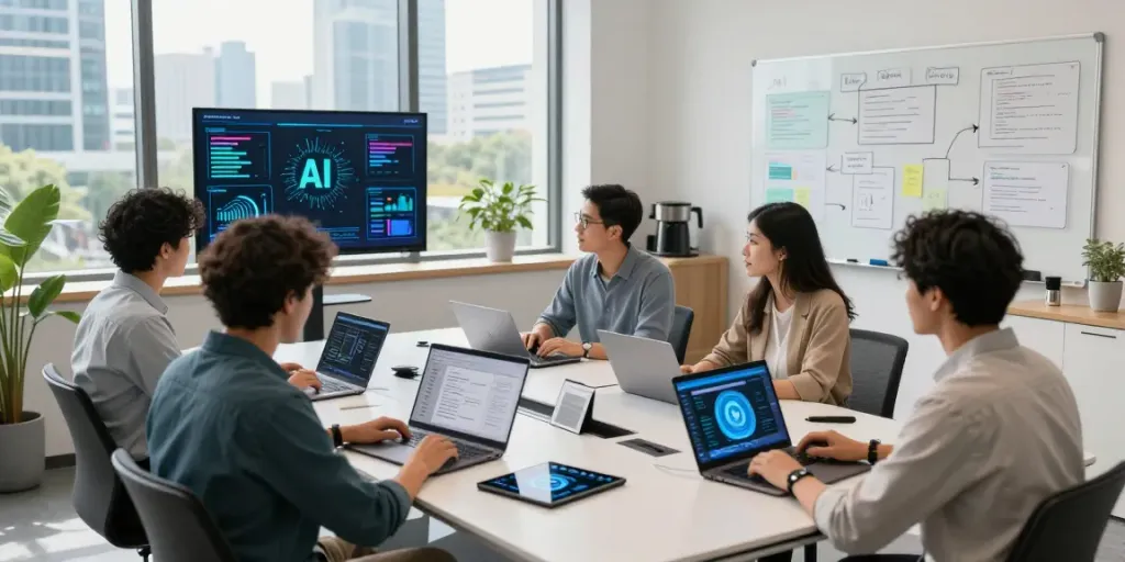 Diverse team of AI developers collaborating on innovative ai tools in a modern workspace.